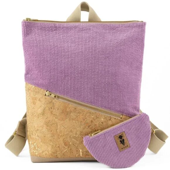 HANDMADE Noas Berlin Purple Lilac Corduroy / Natural Gold Beige Cork Backpack - Picture 1 of 8